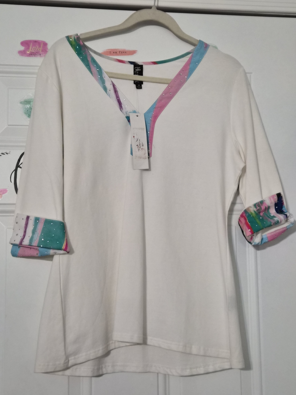 berek Cream V-Neck Top with Pastel Multicolor Trim